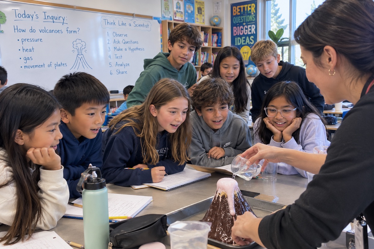 Elementary school children gathered around a table watching a teacher pour liquid into a tabletop volcano experiment in a classroom
